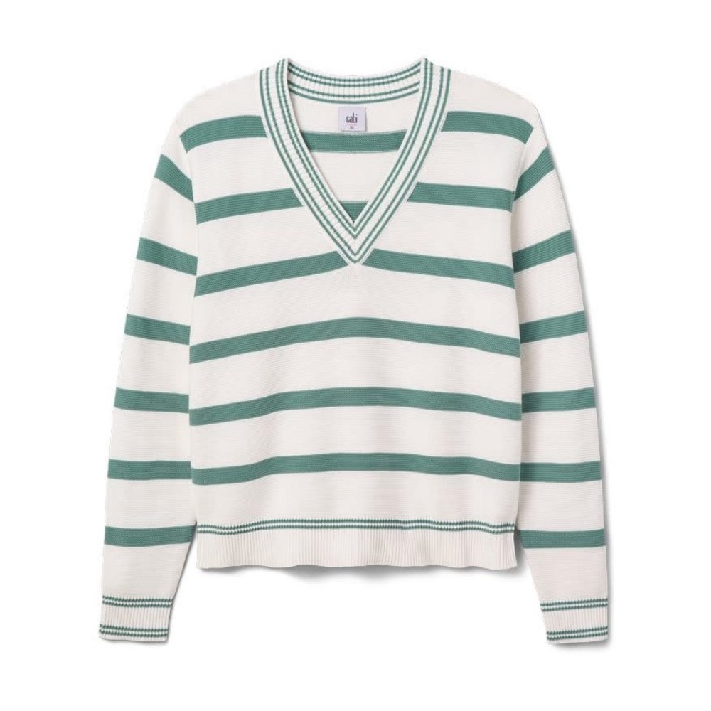 Cabi  V-Neck Sweater - Green and White Stripes - NWOT